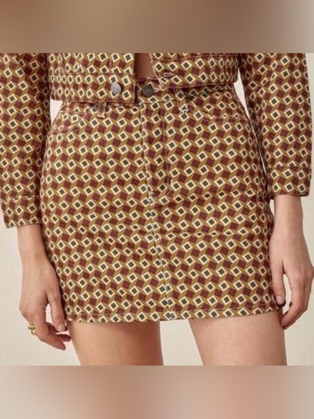 Reformation Geometric Print Mini Skirt in Brown and Cream